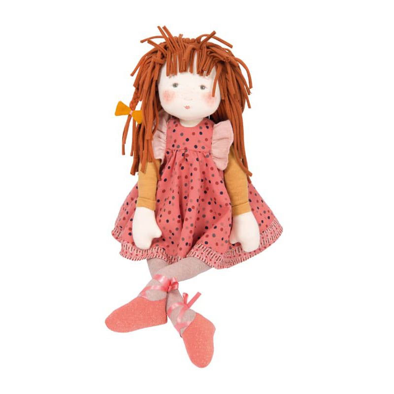 Anemone rag doll with long auburn yarn hair, a pink polka-dot dress, and ribbon shoes