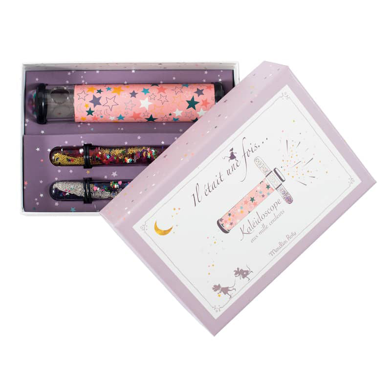 Moulin Roty kaleidoscope set in a decorative box with three colorful telescopes.