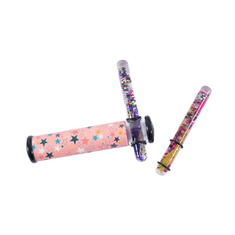 Three kaleidoscopes with pink star-print and clear, glitter-filled tubes.