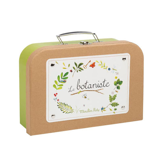 Botanical suitcase with handle, kraft front panel with floral 'Le botaniste' print
