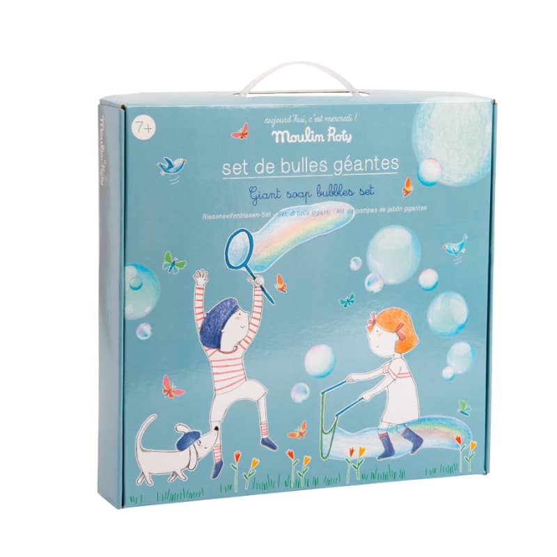 Moulin Roty giant soap bubble set box with illustrated bubble wands