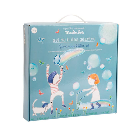 Moulin Roty giant soap bubble set box with illustrated bubble wands