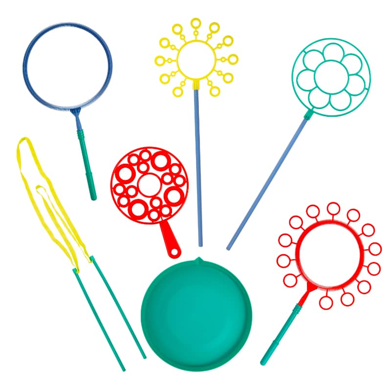 Assorted giant soap bubble wands with circular frames in teal, blue, red, and yellow
