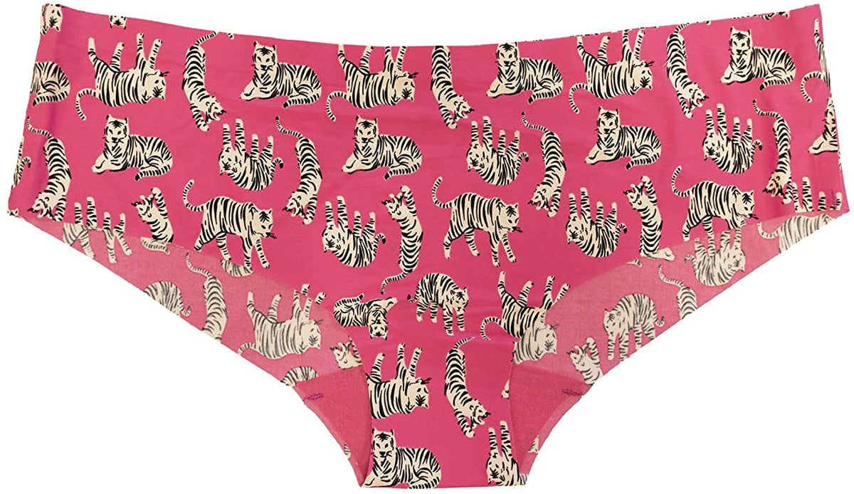 Hot pink laser-cut hipster underwear with a repeating tiger print and no-show edges