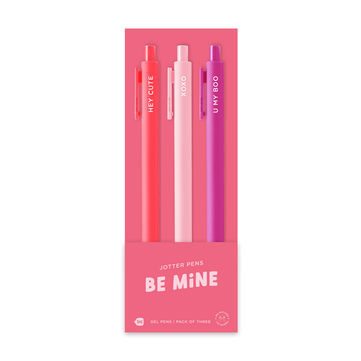 Be Mine three-pack of gel pens in coral, pale pink, and magenta