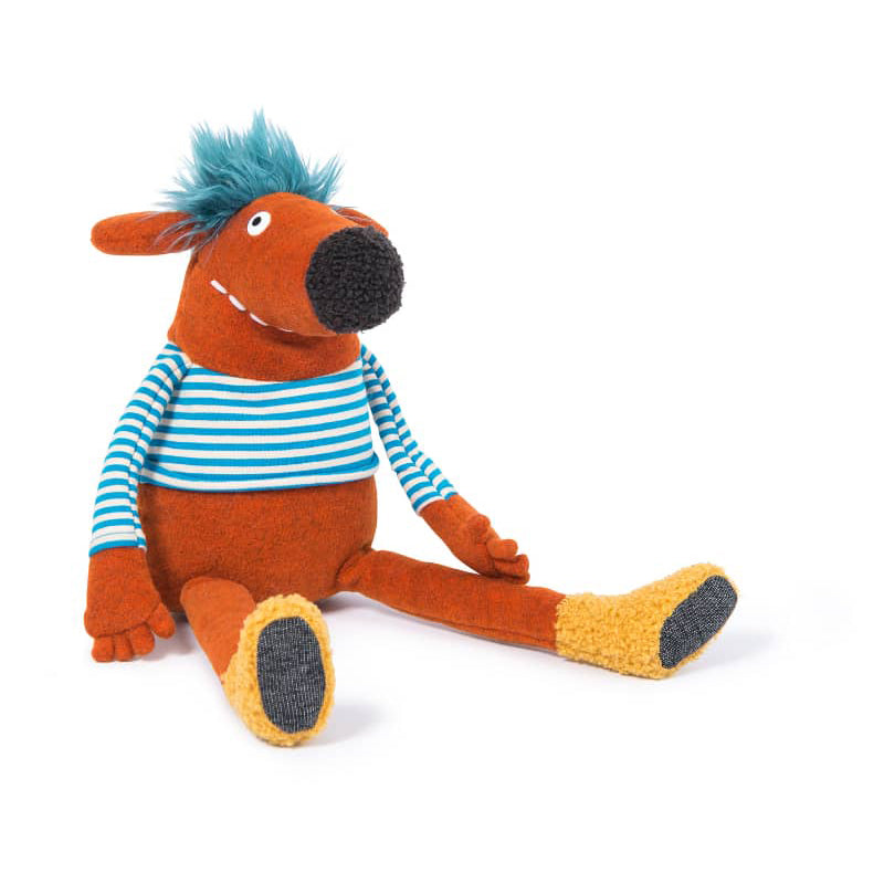 Orange stuffed toy dog with a blue-and-white striped shirt, teal hair, and yellow feet.