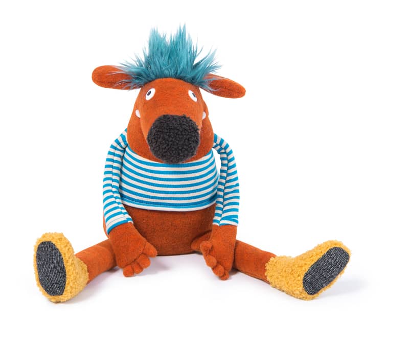 Front view of the orange stuffed dog toy with teal hair, striped shirt, and yellow feet.