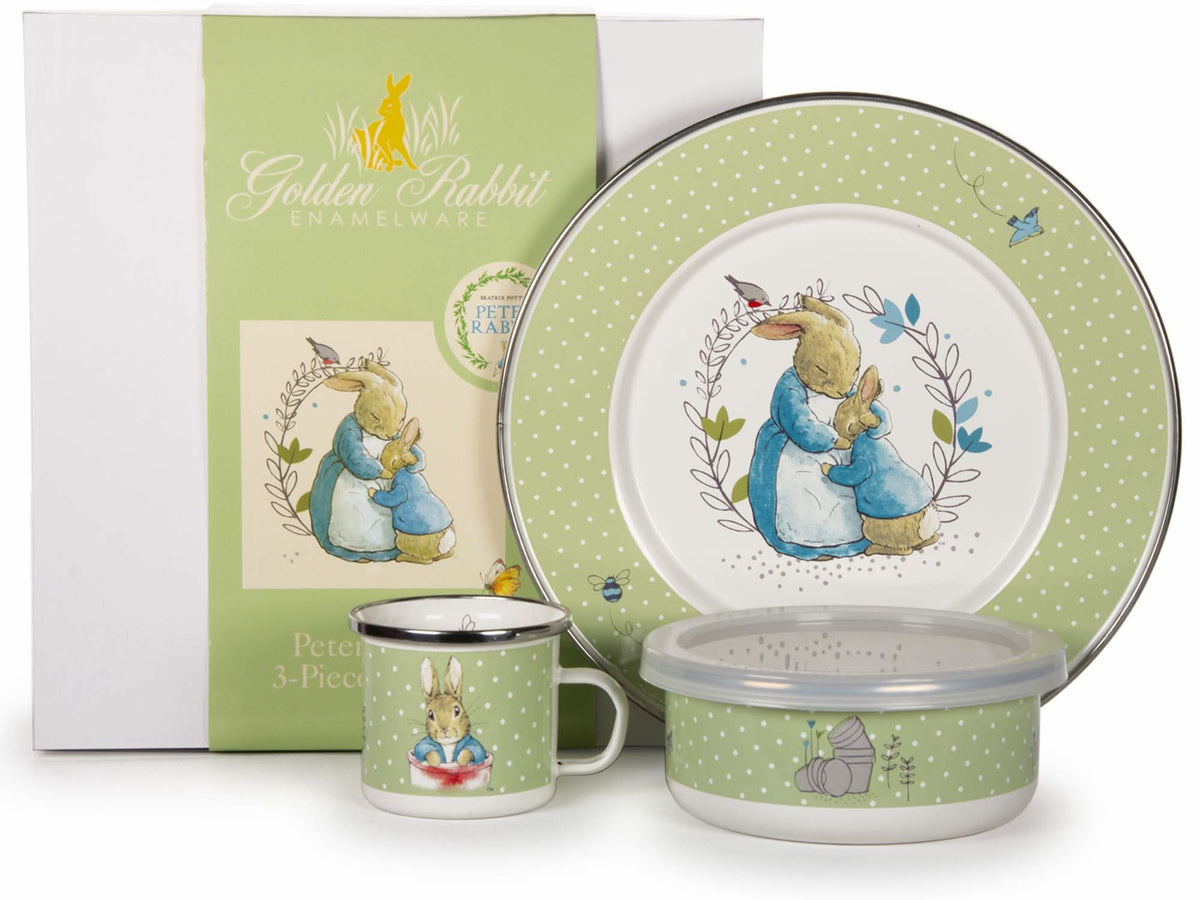 3-piece child dinner set with polka-dot plate, lidded bowl, and rabbit mug