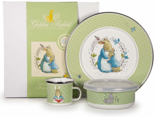 3-piece child dinner set with polka-dot plate, lidded bowl, and rabbit mug