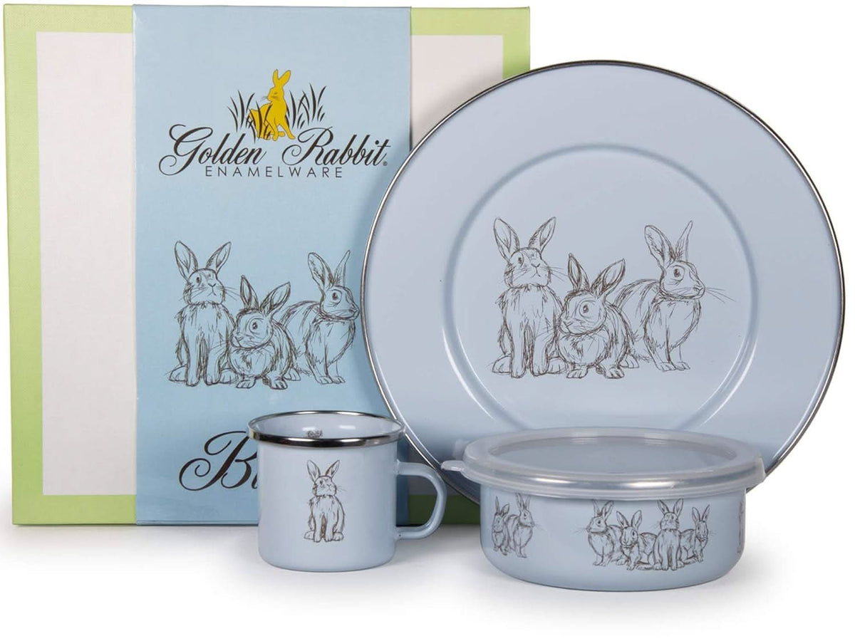 Light blue rabbit line-art enamel 3-piece child dinner set with mug, plate, and bowl.
