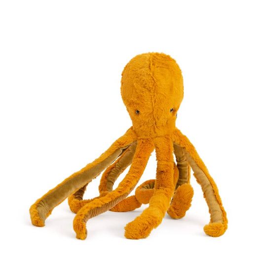 Medium octopus plush toy by Moulin Roty, golden yellow with soft tentacles
