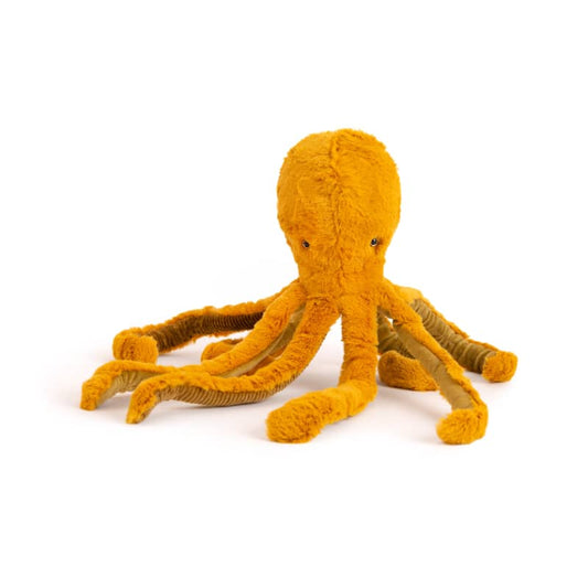 Medium octopus plush toy by Moulin Roty, golden yellow seated with long tentacles