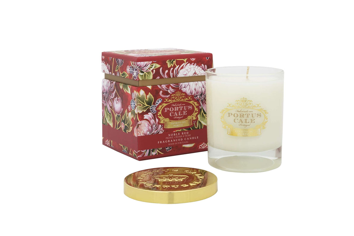 Portus Cale candle in clear glass with floral gift box and gold lid