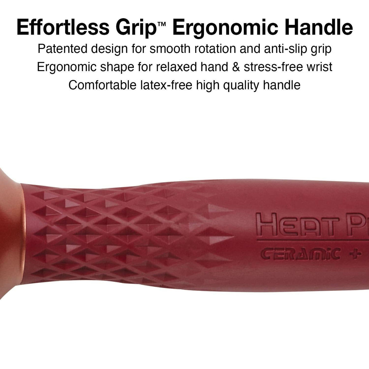 Ergonomic burgundy handle with textured grip and HeatPro Ceramic + Ion label