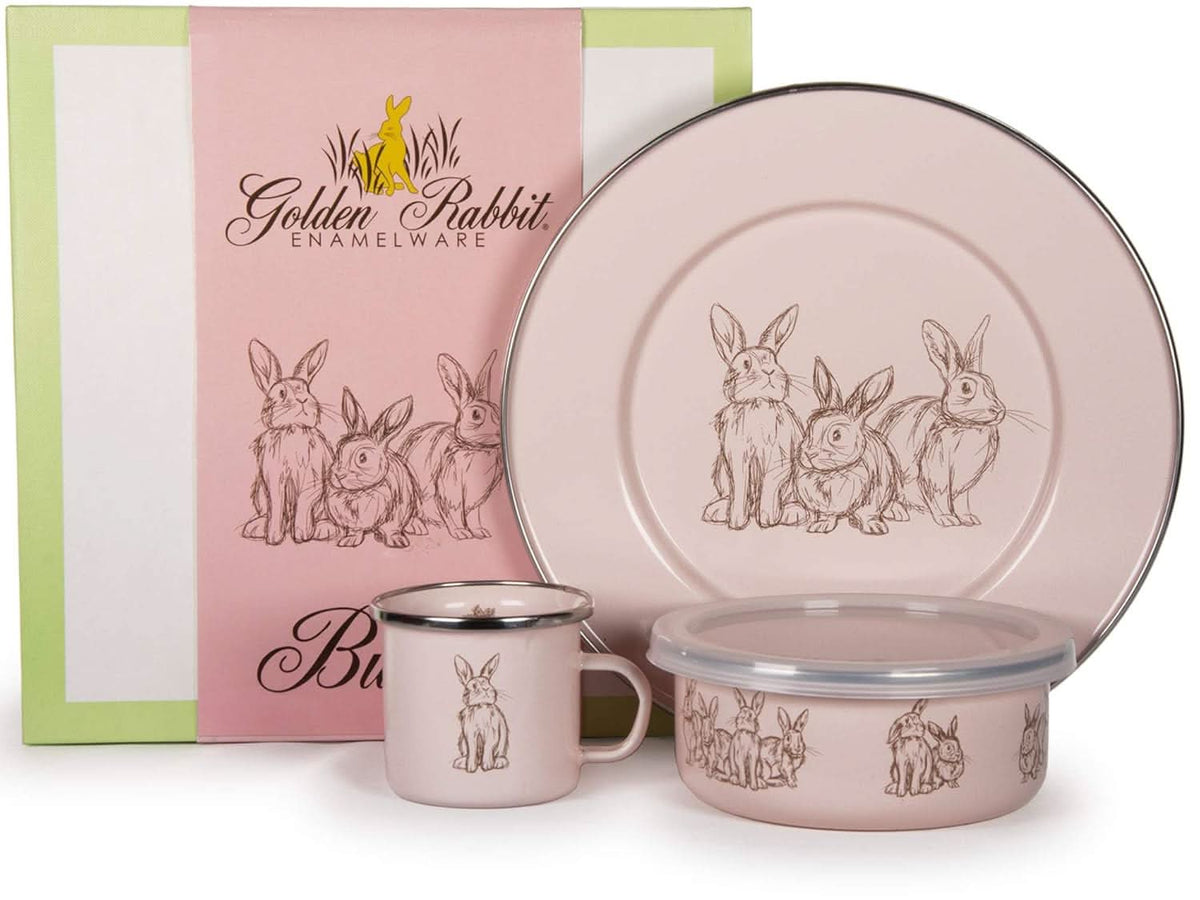 Pink rabbit line-art enamel 3-piece child dinner set with mug, plate, and lidded bowl.