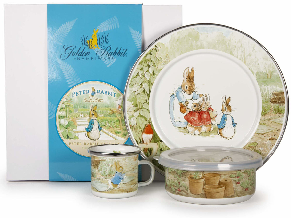 3-piece child dinner set with Peter Rabbit scene plate, lidded bowl, and mug