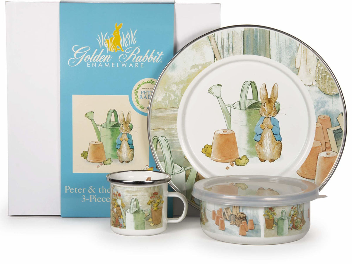 3-piece child dinner set with watering-can rabbit plate, lidded bowl, and mug