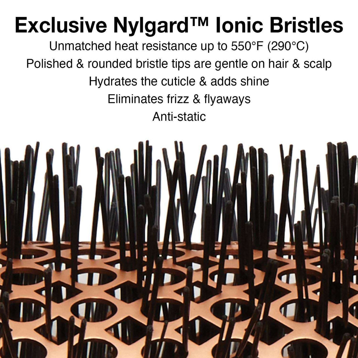 Round brush barrel with dense black ionic bristles for smoother, anti-frizz styling
