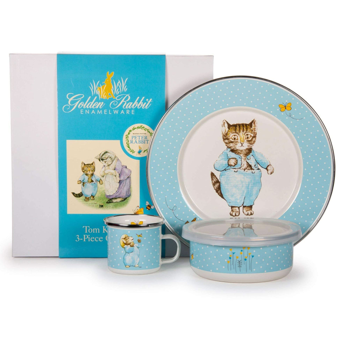 Blue bunnies enamel 3-piece child dinner set: mug, plate, and lidded bowl.