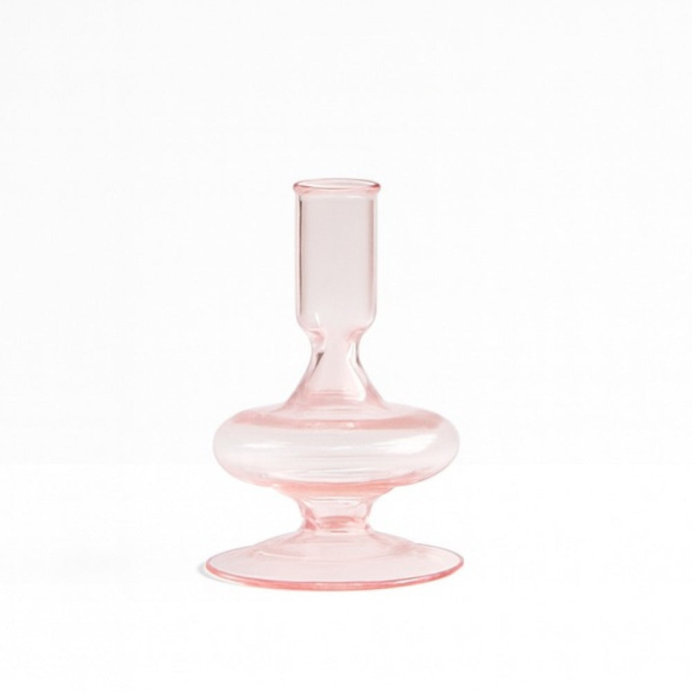 Siri pink glass candle holder with wide saucer base and slim cylindrical top