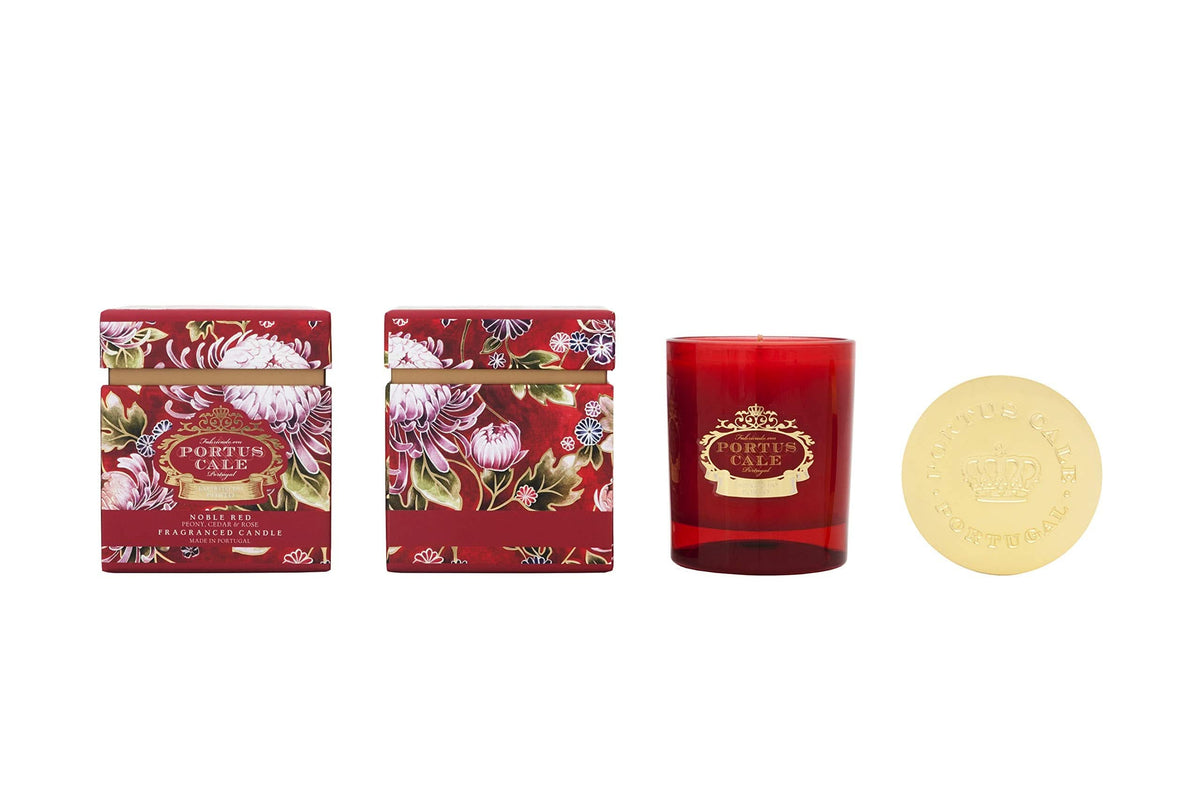Portus Cale candle set: red glass candle, two floral box sides, gold lid