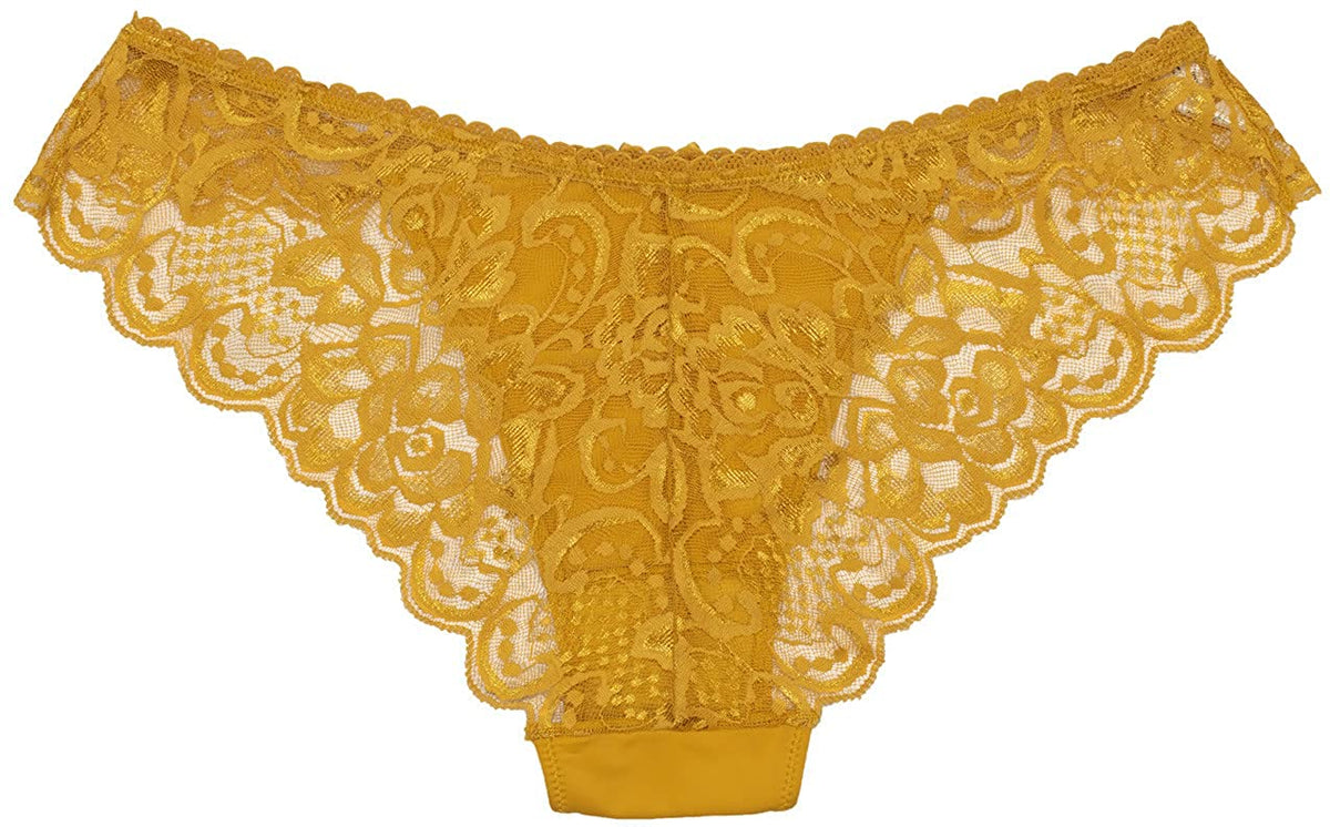 Golden yellow cheeky panties with an allover floral lace back and solid gusset.