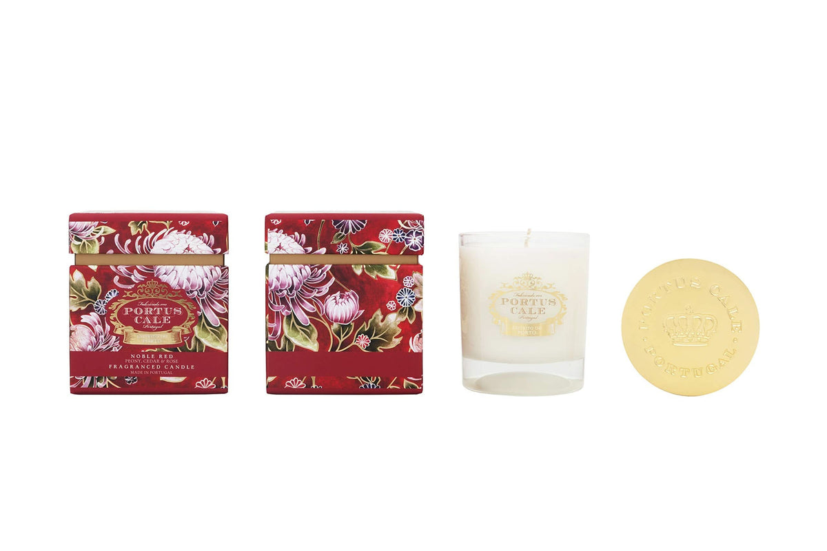 Portus Cale candle set: clear glass candle, two floral box sides, gold lid
