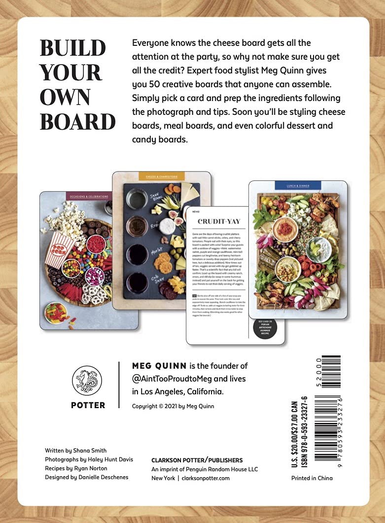 Cheese board deck back panel with build your own board text, barcode, and card photos
