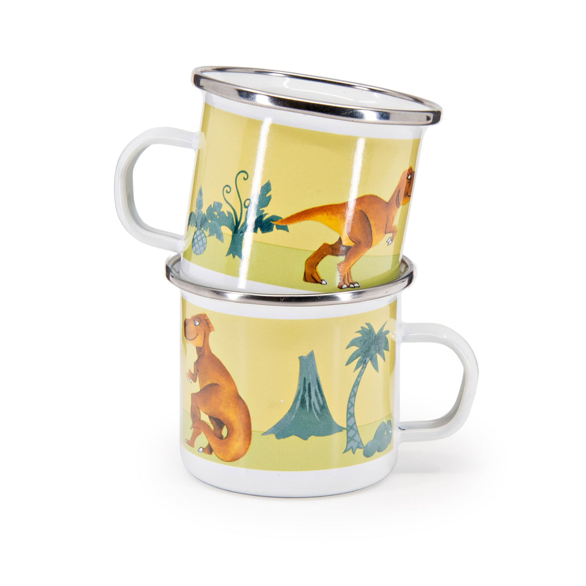 Stacked dinosaur enamelware mugs with silver rim and colorful jungle art