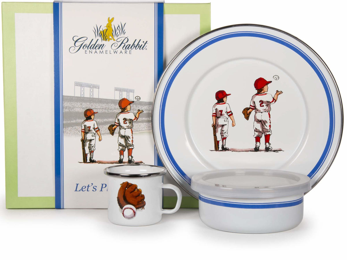 3-piece child dinner set with astronaut-style figures plate, lidded bowl, and mug