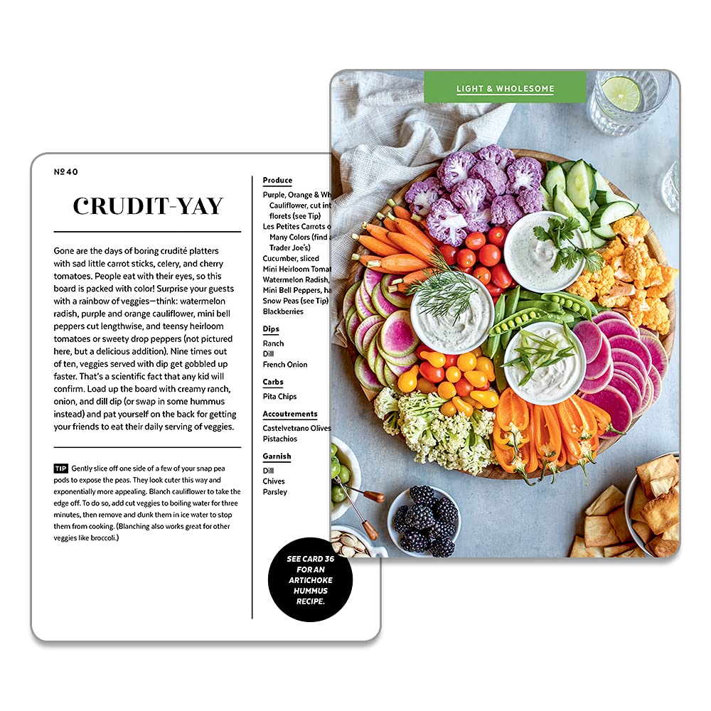 Cheese board deck cards showing a recipe page and a colorful vegetable spread