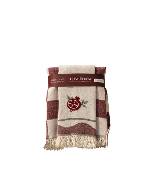 Hand-stitched towel set, beige and maroon striped towels with pomegranate embroidery