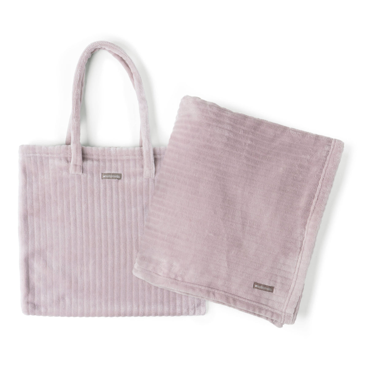 Hello Mello pink tote blanket set with ribbed bag and folded blanket.