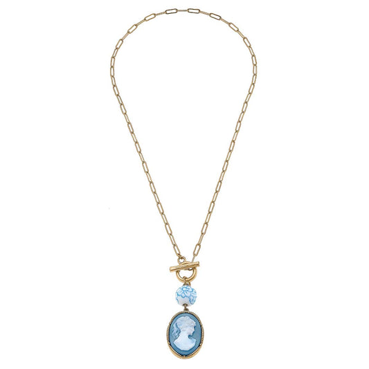 Vesper cameo pendant T-bar necklace in Wedgwood blue, oval blue cameo drop