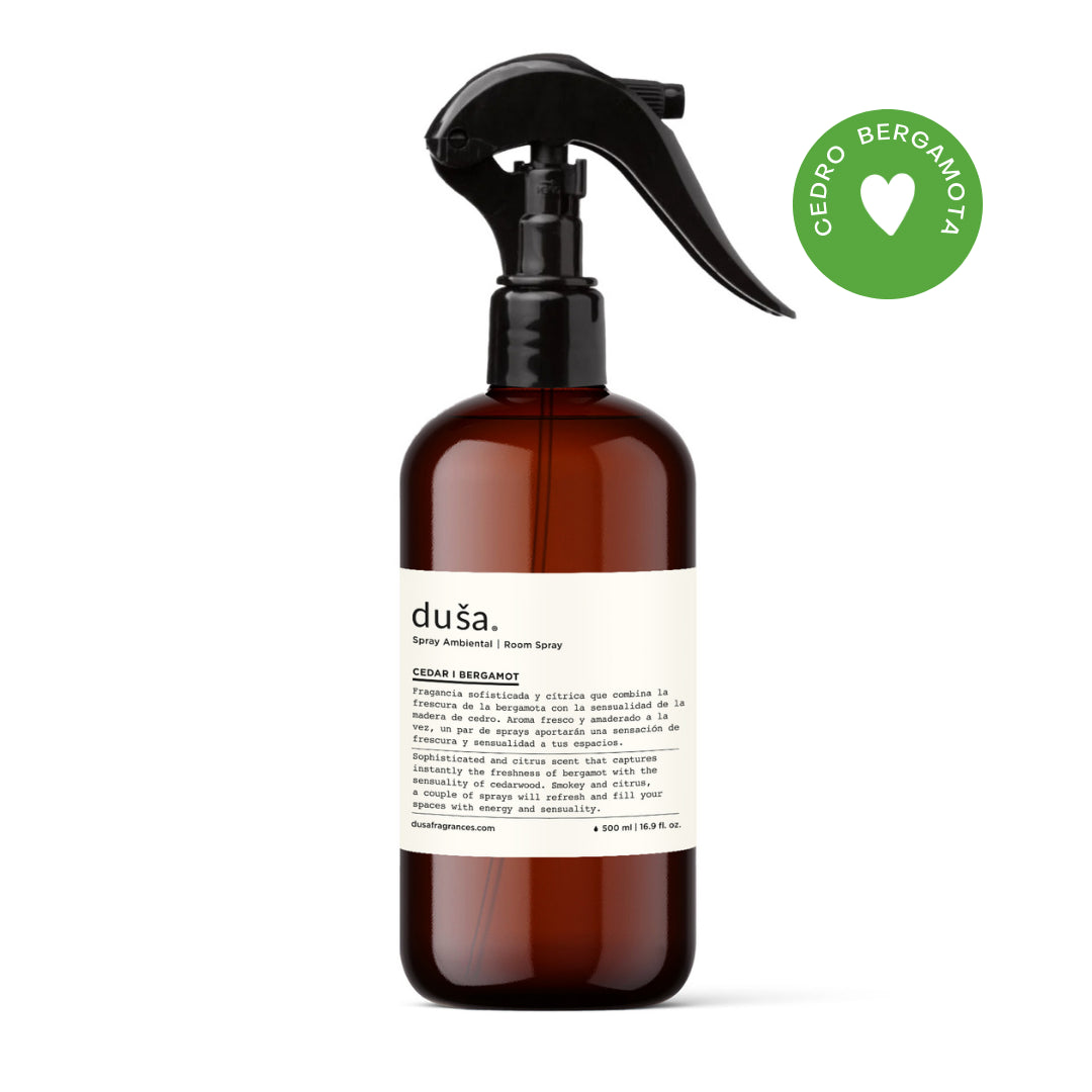 Amber room and linen spray bottle with black trigger sprayer, Dusa label front