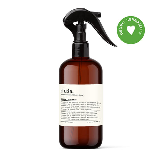 Amber room and linen spray bottle with black trigger sprayer, Dusa label front