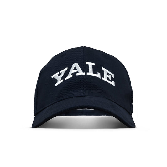 Yale baseball cap in dark navy with white embroidered Yale lettering and curved brim