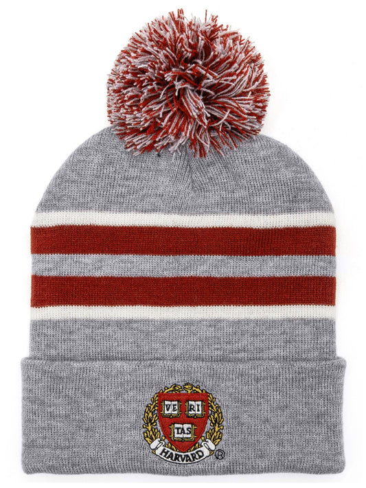 Harvard University gray beanie with red and white stripes, pom-pom, and embroidered crest