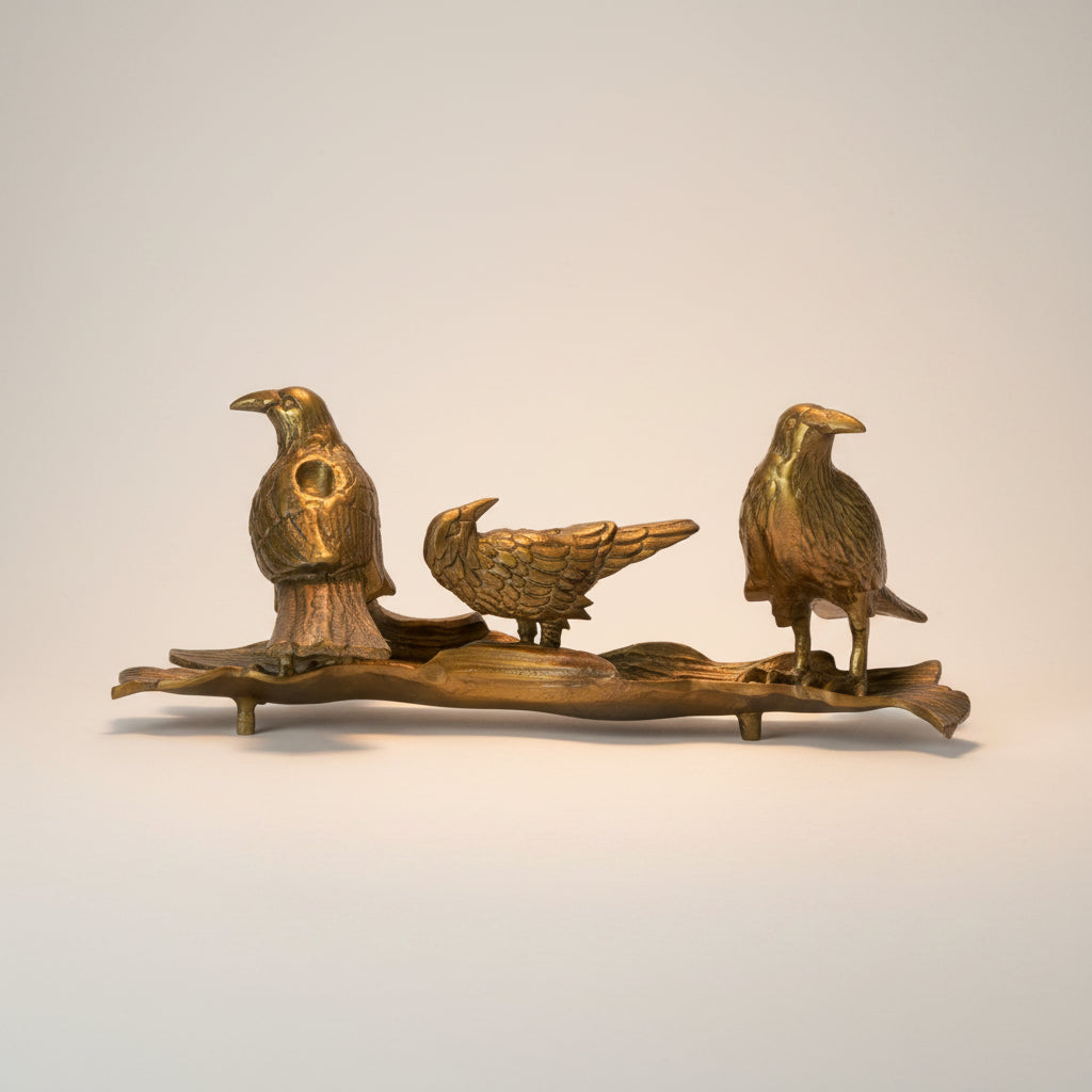 Gold-toned three-bird candleholder with carved perch base, no candles