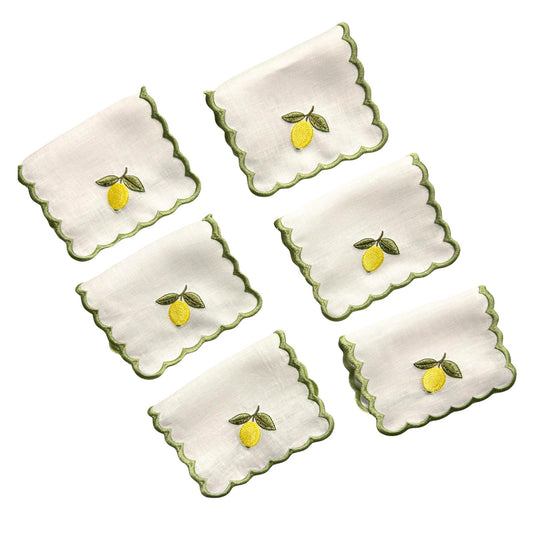 Set of 6 embroidered cocktail napkins, white scalloped edges with green lemon-leaf motif