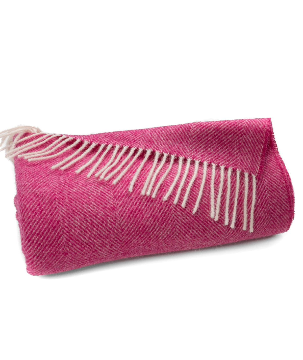 Pink herringbone lambswool throw with cream fringe edge
