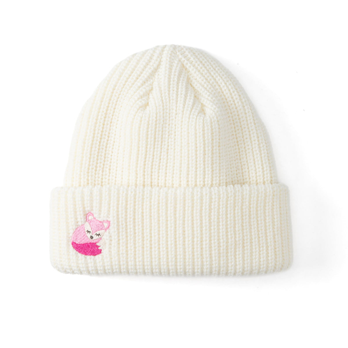 Front view of a white rib-knit beanie with a pink fox patch