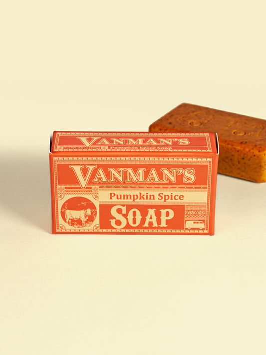 VanMan's Pumpkin Spice soap in orange box with soap bar behind