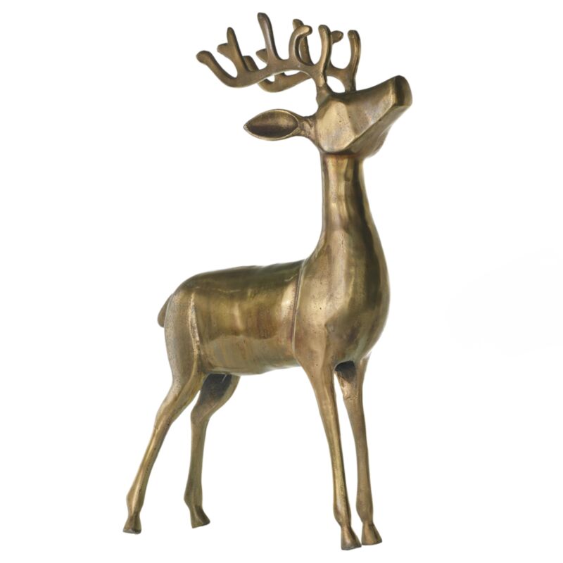 Bronze-toned aluminum reindeer statue viewed from the opposite side, showing its antlers