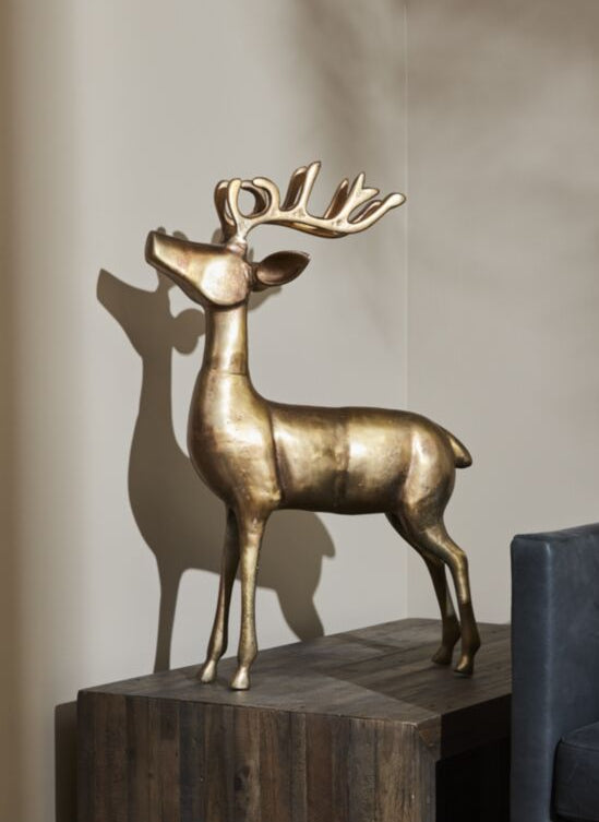 33-inch aluminum reindeer statue with branching antlers and a bronze-toned finish