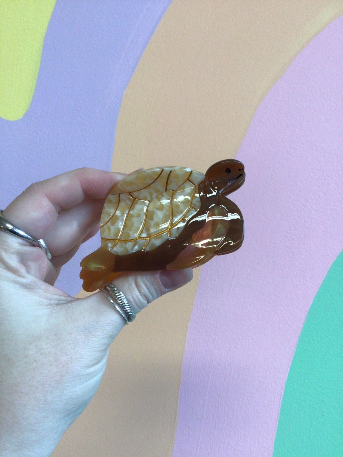Transparent tortoise animal hair claw with golden shell lines and curved shape