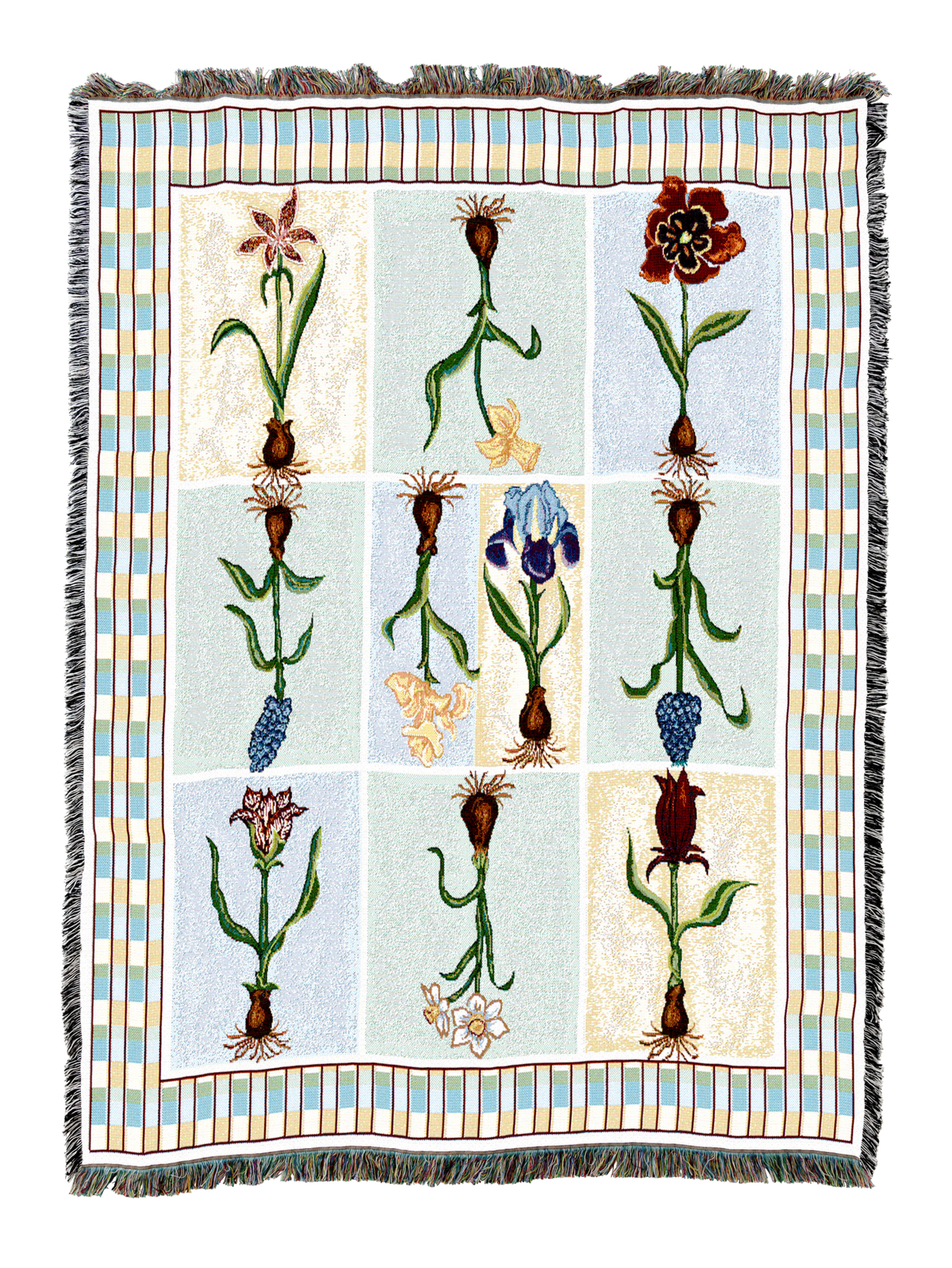 Floral Delight blanket with multicolor floral print and striped border, square throw