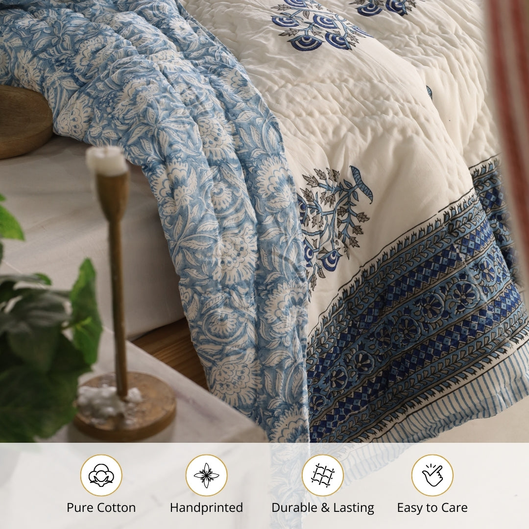 Reversible blockprinted quilt in blue floral medallion and border prints