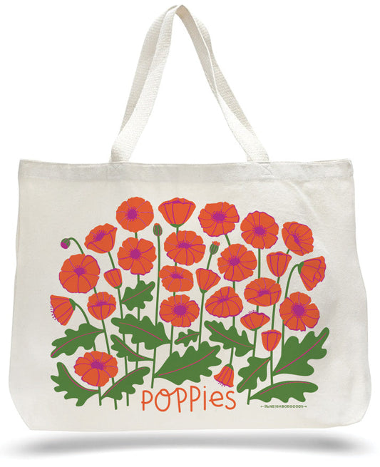 White canvas tote bag with red-orange poppy floral print and “Poppies” lettering.
