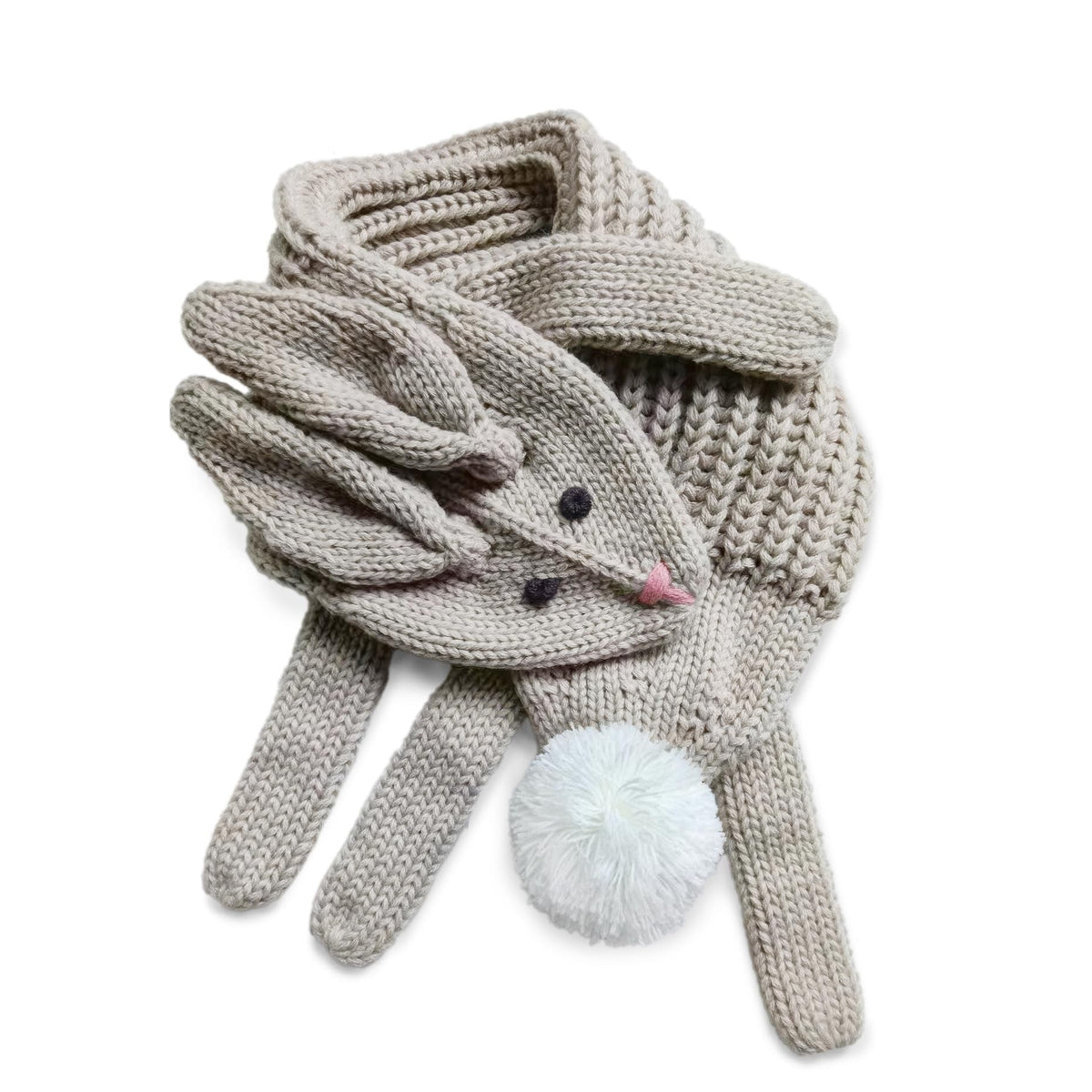 Oat beige knitted rabbit scarf with floppy ears and a white pom-pom tail